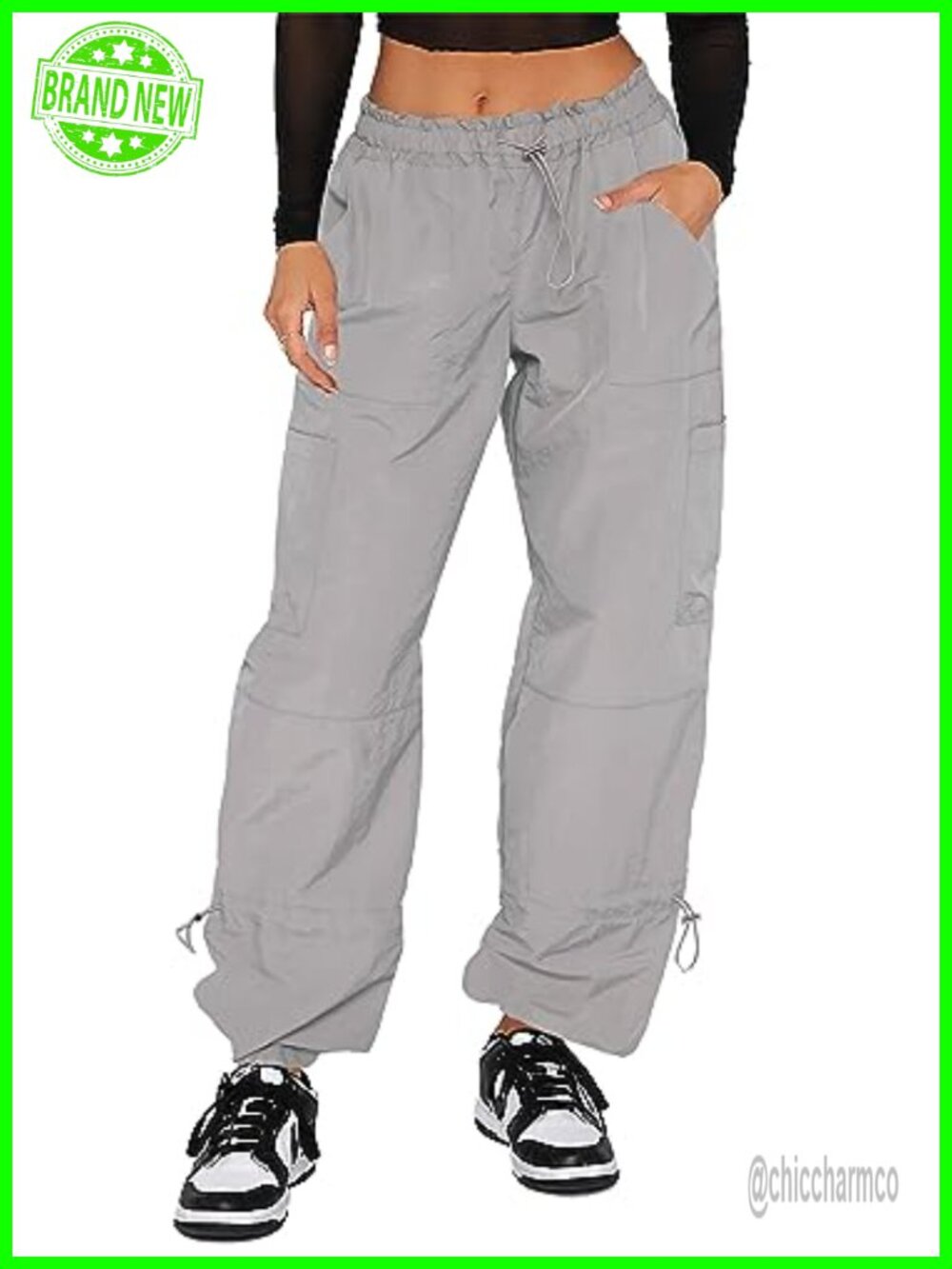 Womens Baggy Parachute Cargo Pants Wide Leg Drawstring Y2K Streetwear
